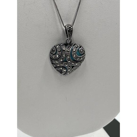 Sterling silver 925K Thai Turquoise‎ Polished Marcasite Heart Pendant Necklace - Picture 4 of 16